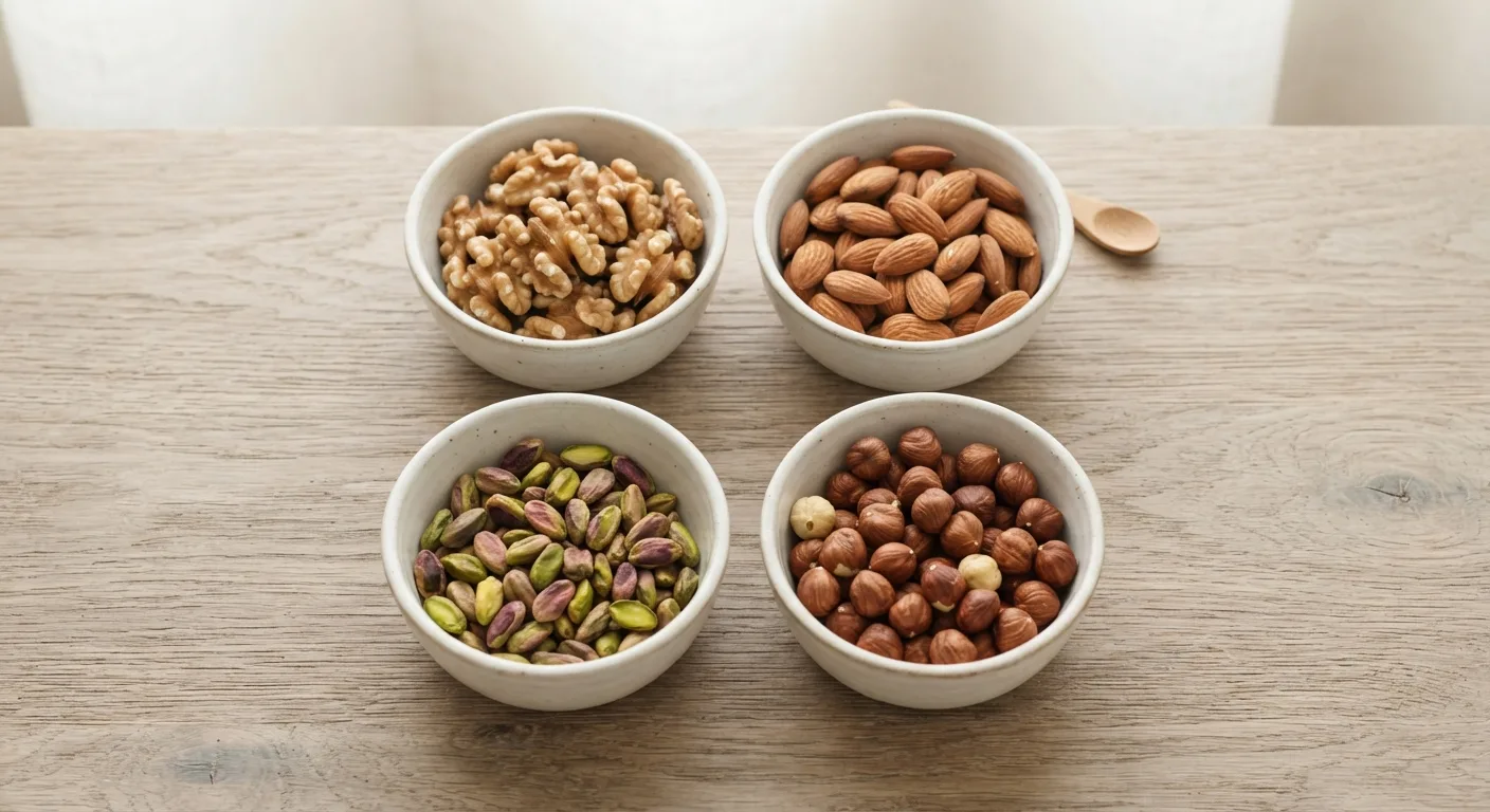 Coupelles de noix, amandes, noisettes et pistaches nature disposées sur une table