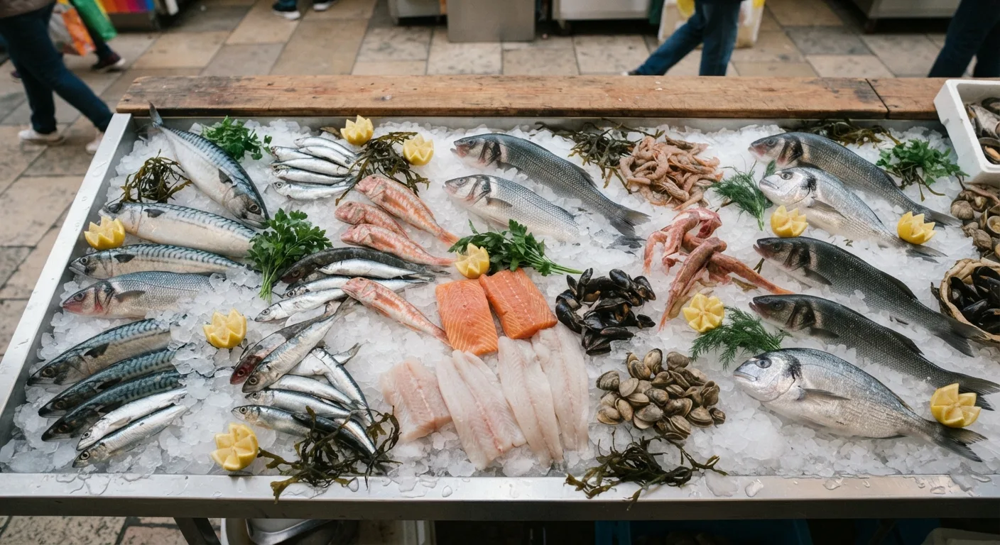 Plusieurs espèces de poissons présentées côte à côte sur un étal de poissonnier, dont sardine, maquereau, truite et cabillaud
