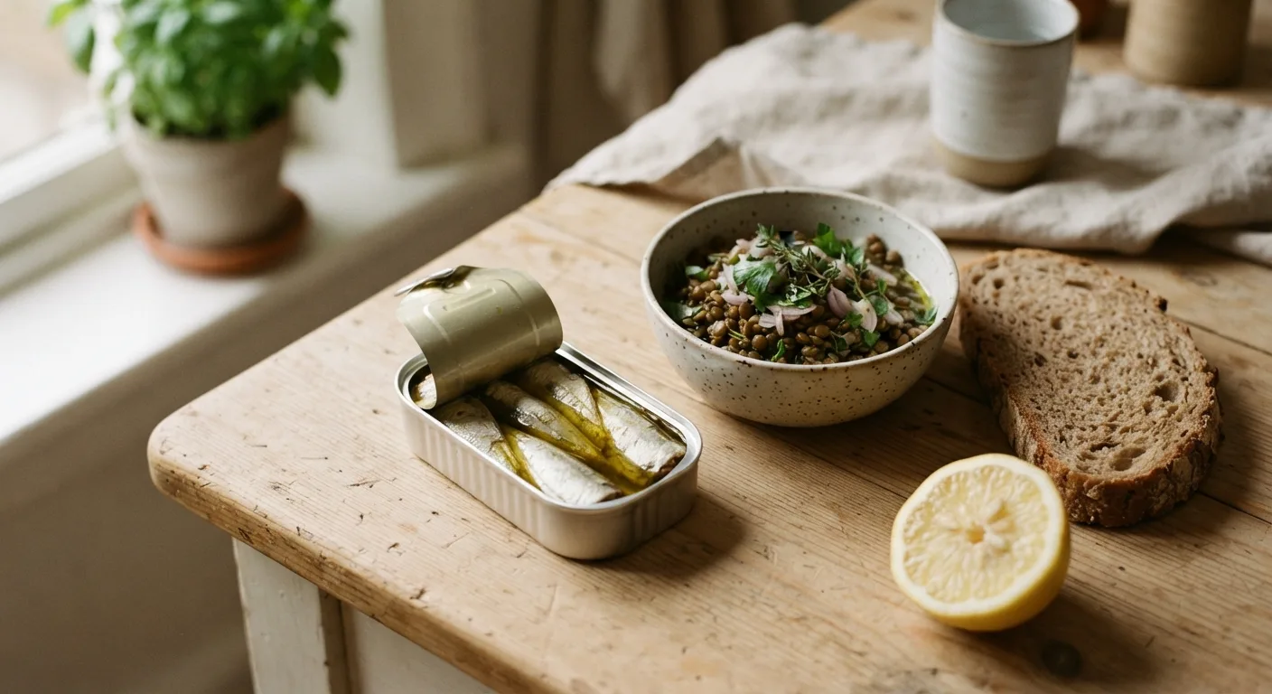 Une boîte de sardines ouverte servie à côté d'une salade de lentilles et d'un demi-citron sur une table de cuisine