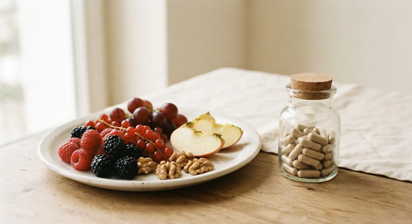 Une assiette d'aliments végétaux colorés posée à côté d'un flacon de gélules de complément alimentaire