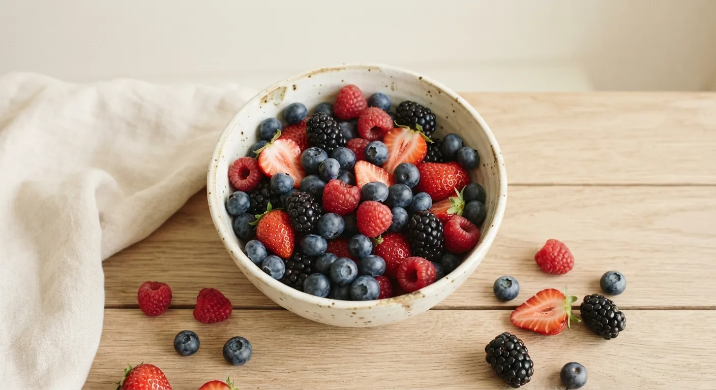 Bol de myrtilles, framboises, fraises et mûres fraîches posé sur une table claire