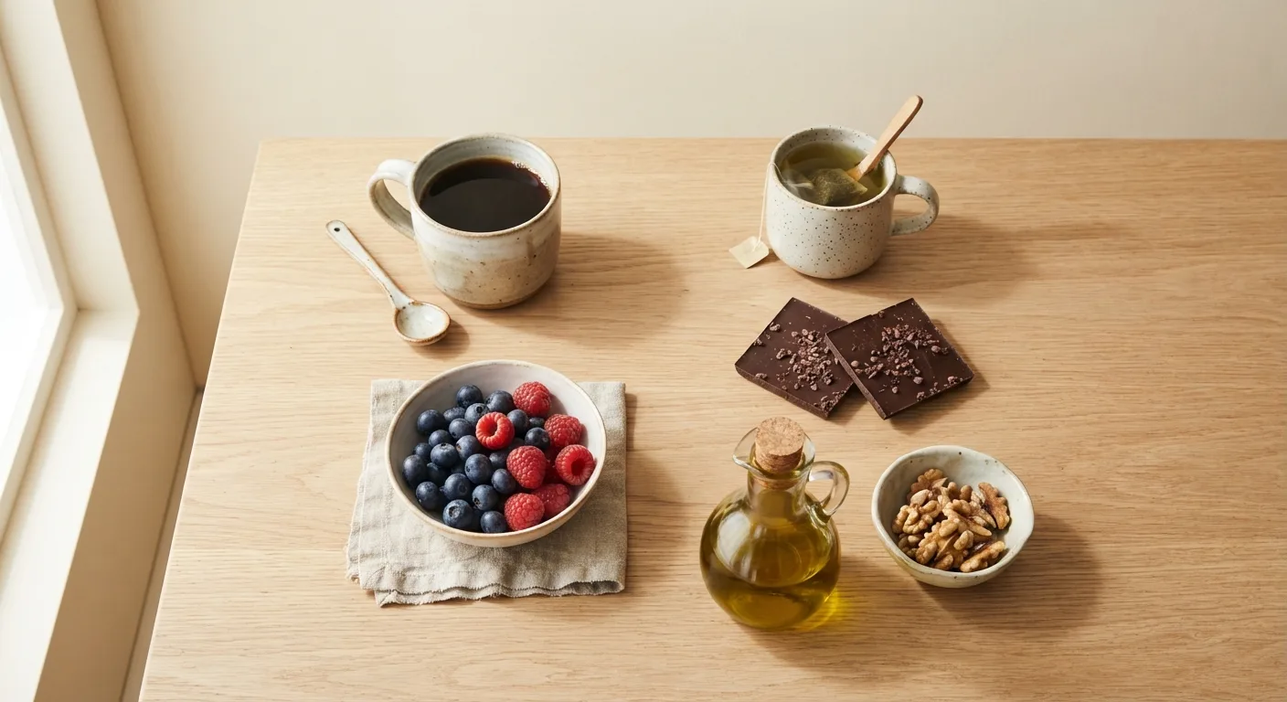 Table réunissant des sources de polyphénols du quotidien : tasse de café, thé vert, chocolat noir, fruits rouges, huile d'olive et noix