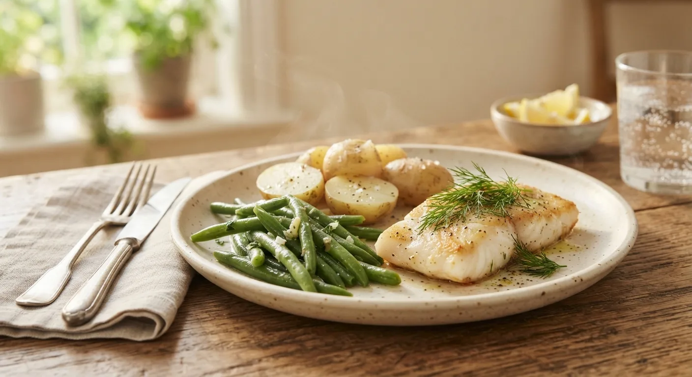 Une assiette de pommes de terre vapeur avec leur peau, un filet de poisson blanc et des haricots verts