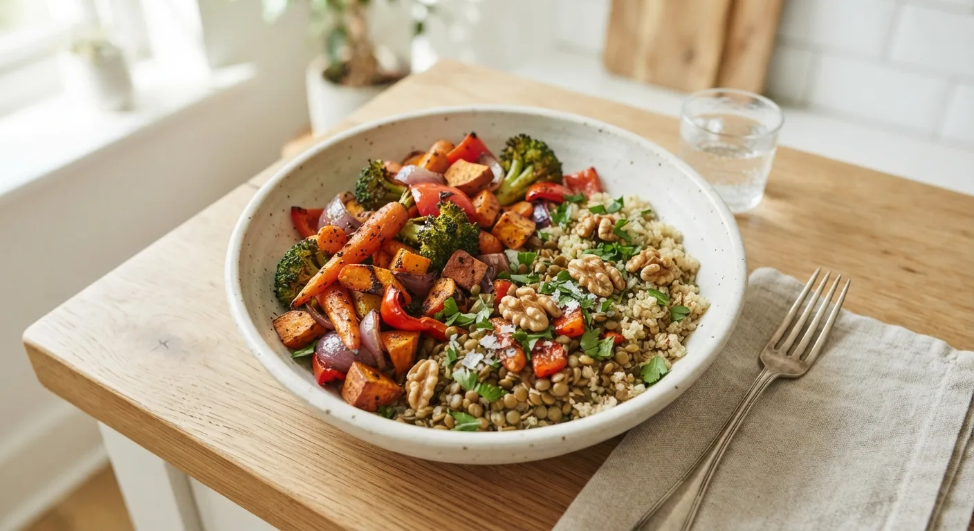 Une assiette composée de légumes colorés, de lentilles, de céréales complètes et de quelques noix sur une table de cuisine