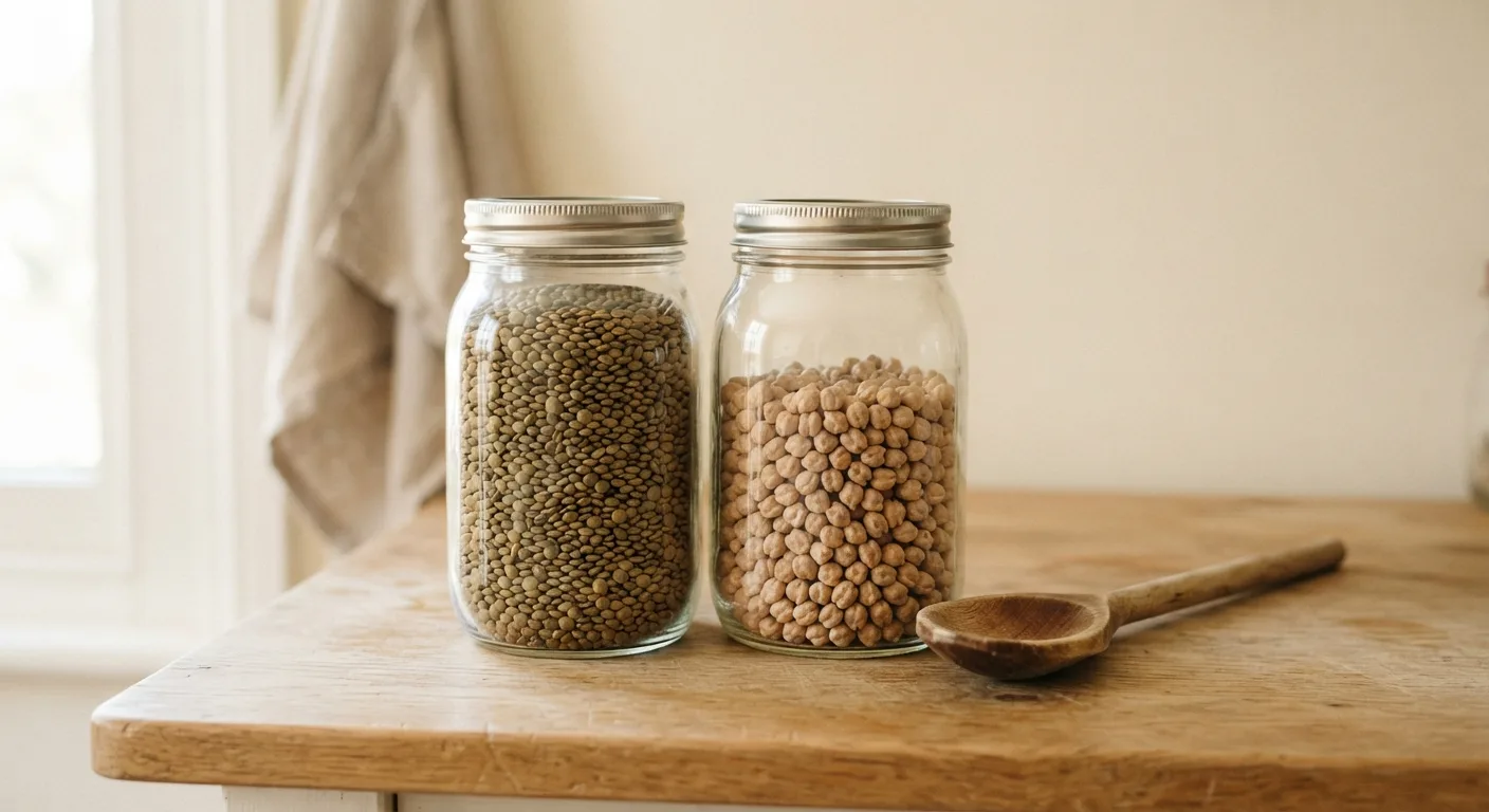 Des lentilles et des pois chiches secs dans des bocaux en verre sur un plan de travail