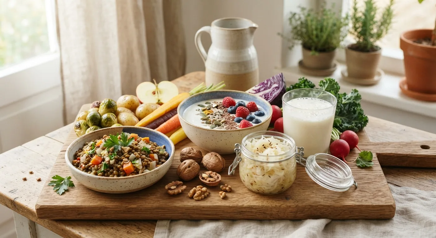 Une planche de cuisine avec yaourt, kéfir, choucroute, lentilles, noix et légumes variés