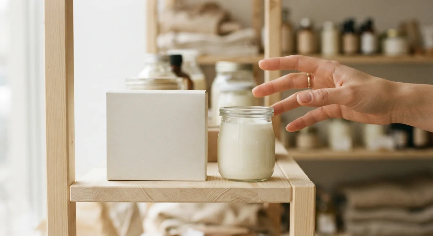 Une boîte de gélules de probiotiques à côté d'un pot de yaourt nature sur une étagère de magasin