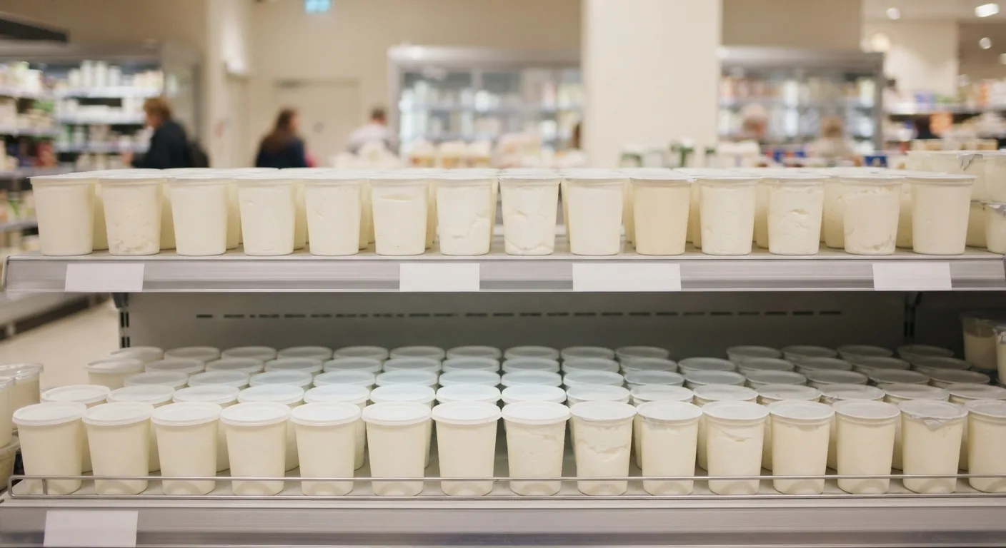 Un rayon frais de supermarché présentant des skyrs et yaourts enrichis en protéines à côté des yaourts nature classiques