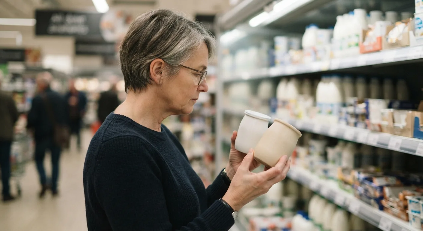 Une personne compare deux pots de yaourt nature dans le rayon frais d'un supermarché