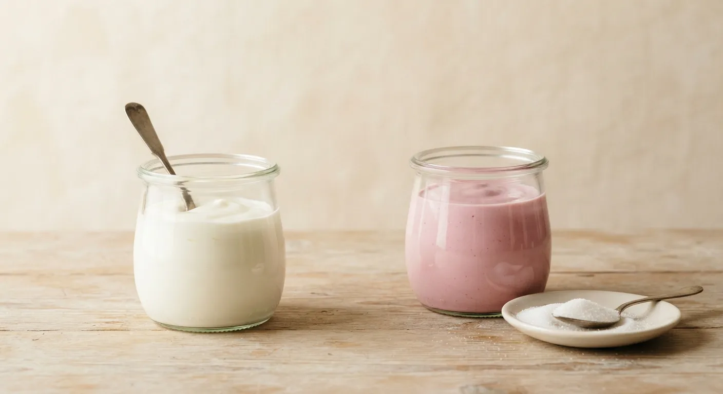 Un yaourt nature présenté à côté d'un yaourt aromatisé sucré et d'un petit tas de sucre