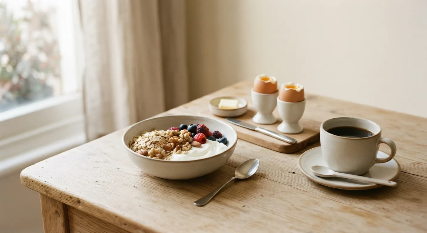 Un petit-déjeuner riche en protéines avec un bol de fromage blanc, des flocons d'avoine, des noix et des œufs à la coque