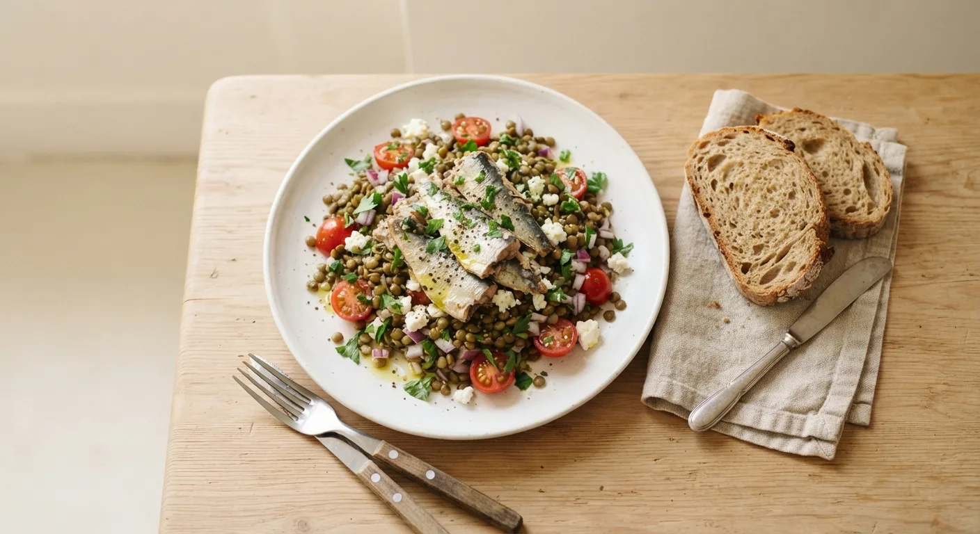 Une assiette de salade de lentilles aux sardines accompagnée de pain complet
