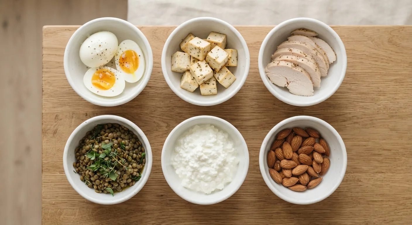 Différentes sources de protéines disposées côte à côte, œufs, tofu, blanc de poulet, lentilles, fromage blanc et amandes