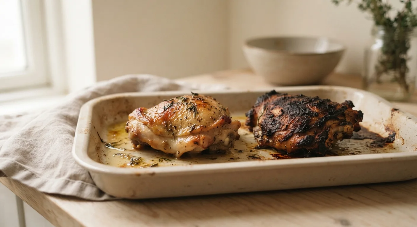 Deux morceaux de poulet rôti comparés, l'un doré et l'autre très bruni sur les bords