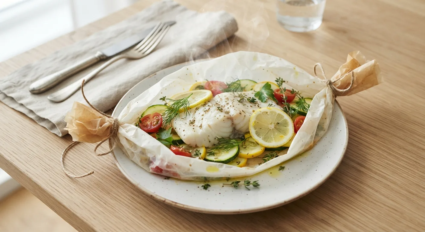 Un filet de poisson en papillote ouverte avec des rondelles de citron et des légumes