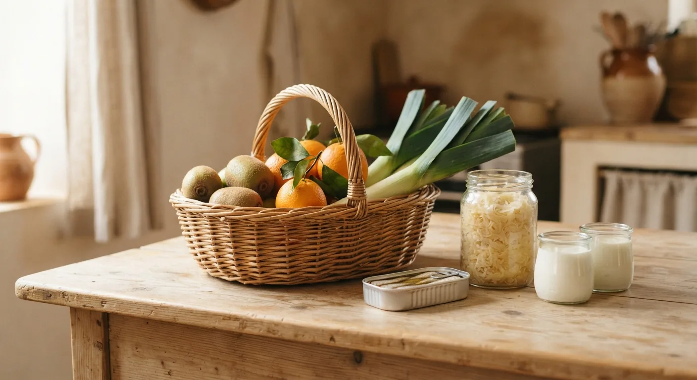 Un panier de courses d'automne posé sur une table de cuisine avec kiwis, oranges, poireaux, sardines, bocal de choucroute et yaourts nature