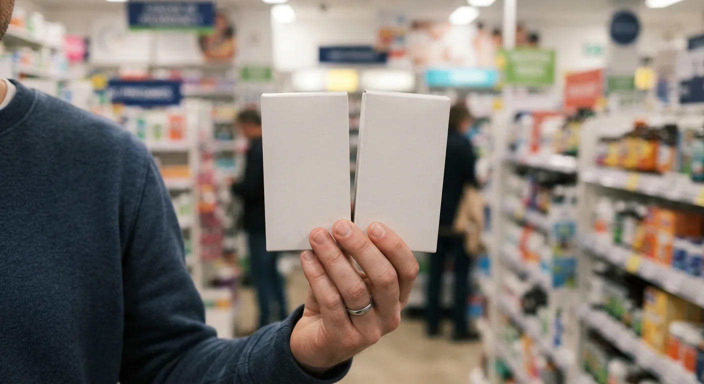 Une main tenant deux produits côte à côte devant un rayon de compléments alimentaires