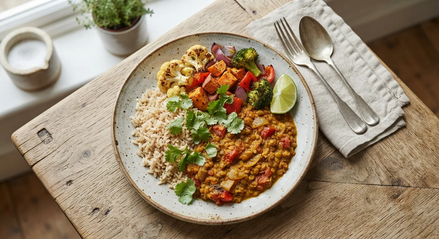Une assiette équilibrée avec une portion de riz, un curry de lentilles et des légumes rôtis