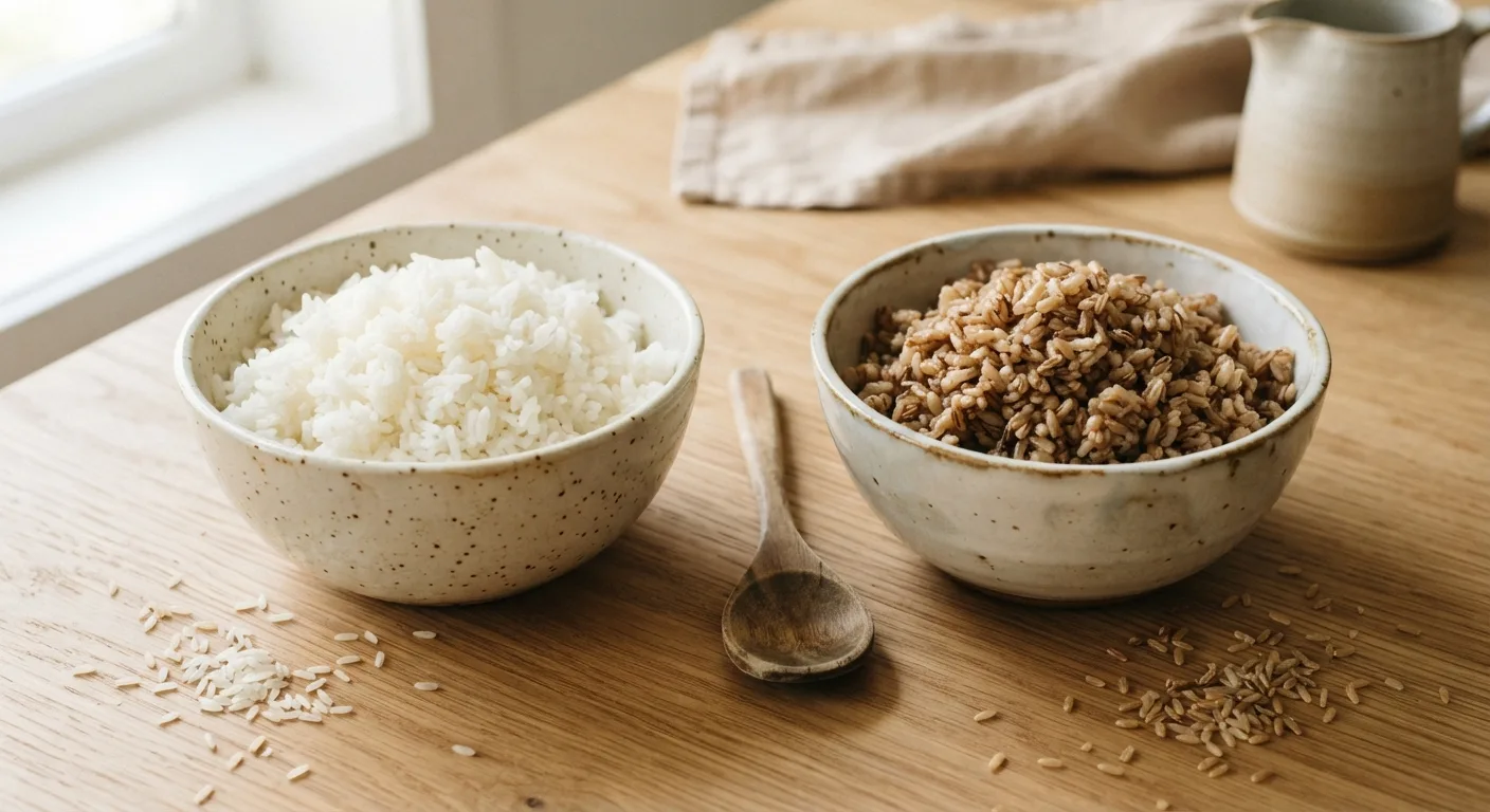 Un bol de riz blanc et un bol de riz complet posés côte à côte sur une table en bois