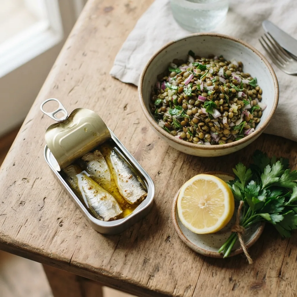 Une boîte de sardines ouverte à côté d'une salade de lentilles, de citron et de persil sur une table en bois