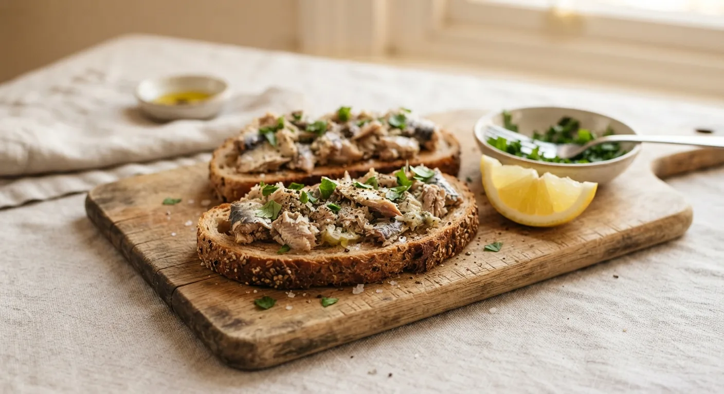 Des tartines de pain complet garnies de sardines écrasées, de citron et de poivre