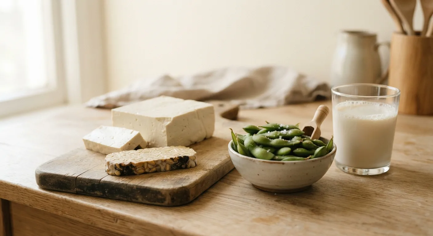 Un assortiment d'aliments à base de soja peu transformés — tofu, edamame, tempeh et boisson au soja