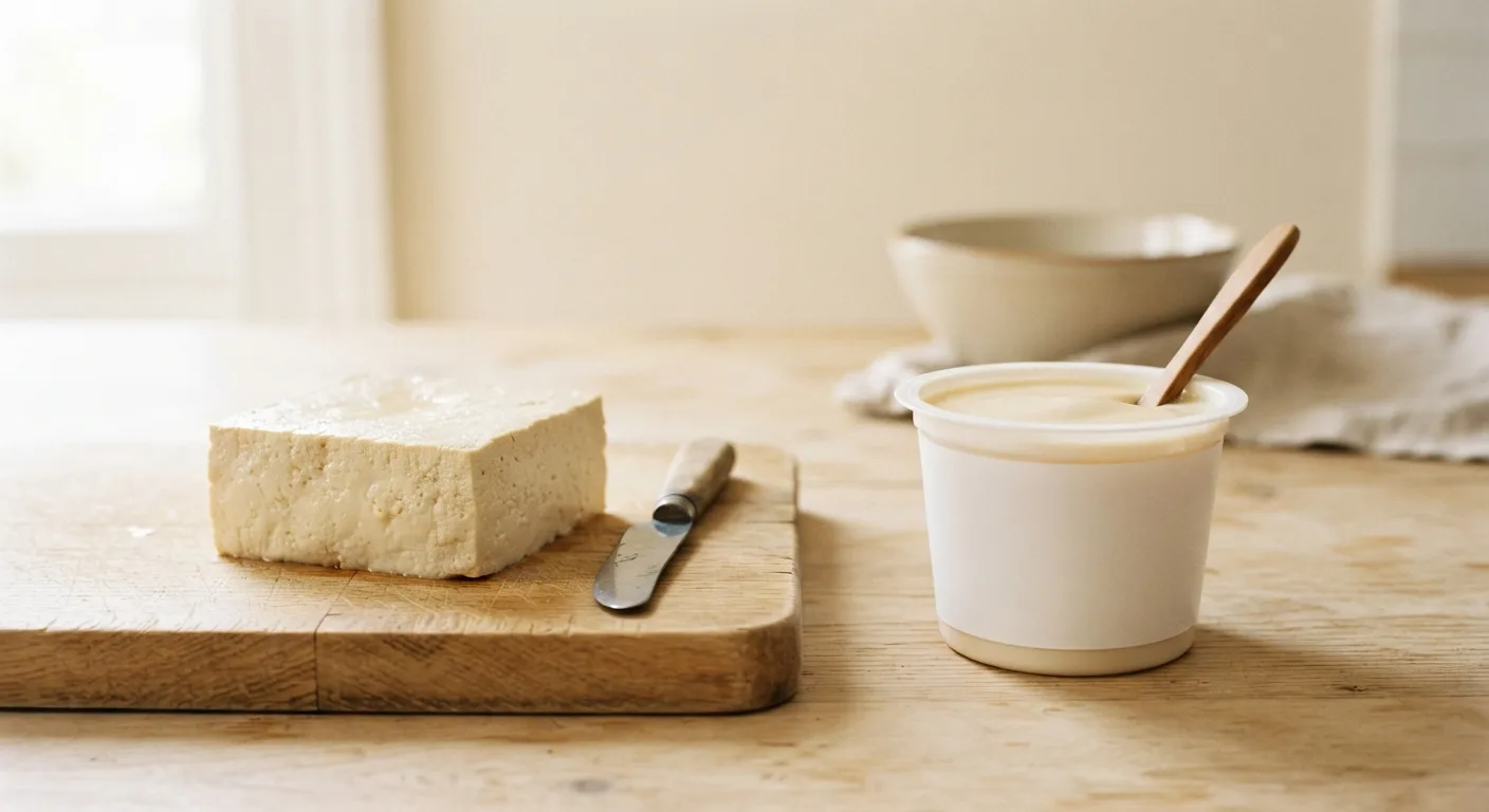 Un bloc de tofu nature à côté d'un dessert au soja sucré en pot