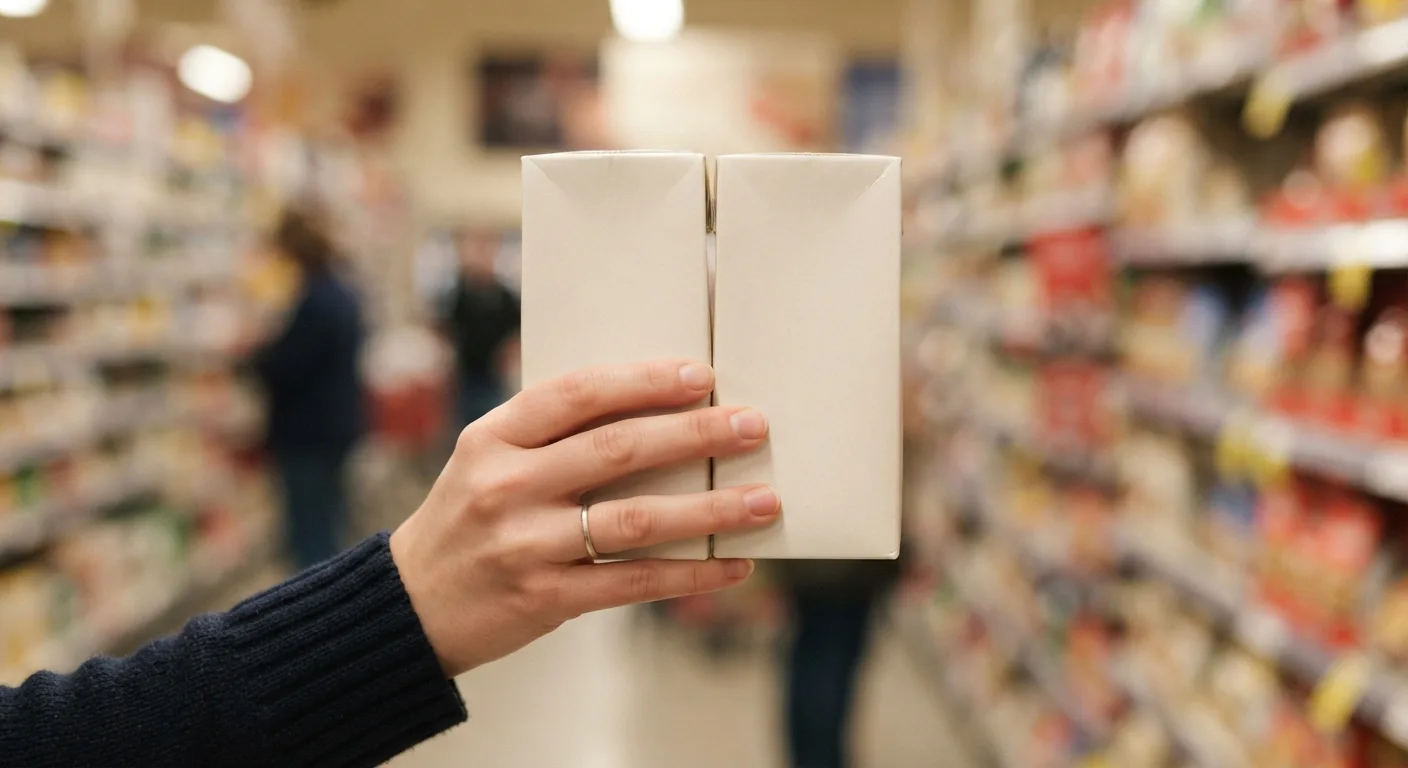 Une main comparant deux briques de soupe au rayon d'un supermarché