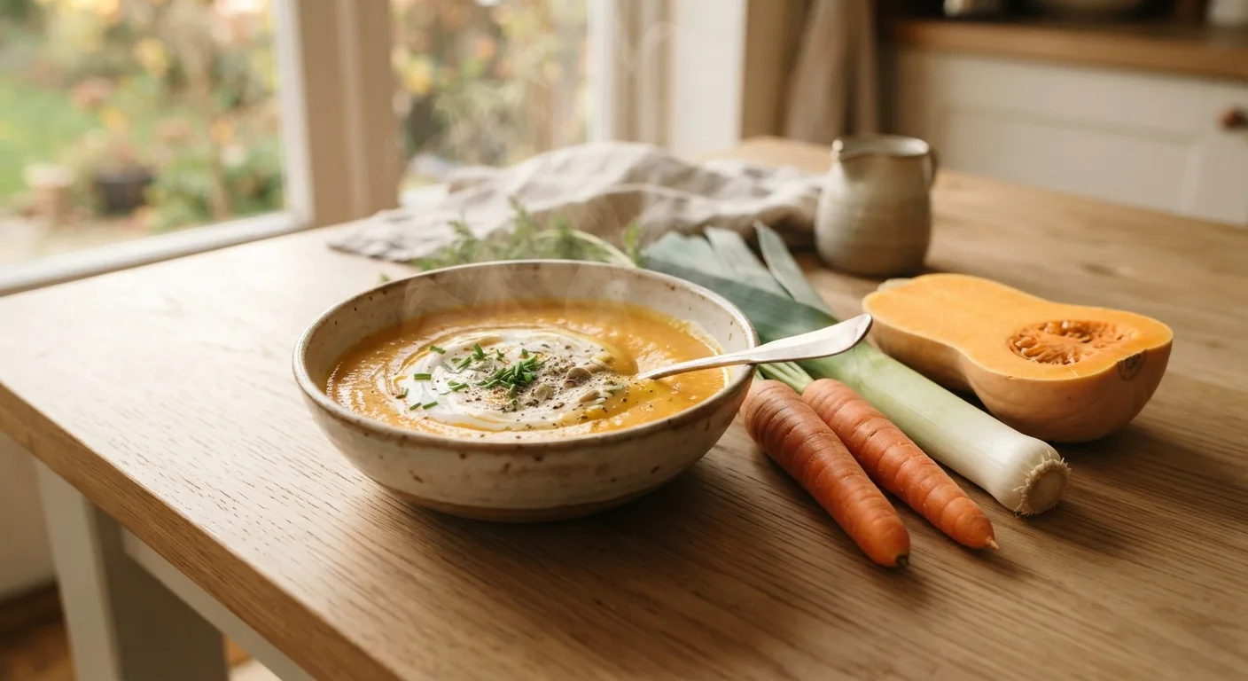 Un bol de soupe de légumes fumant à côté de carottes, d'un poireau et d'une courge posés sur une table
