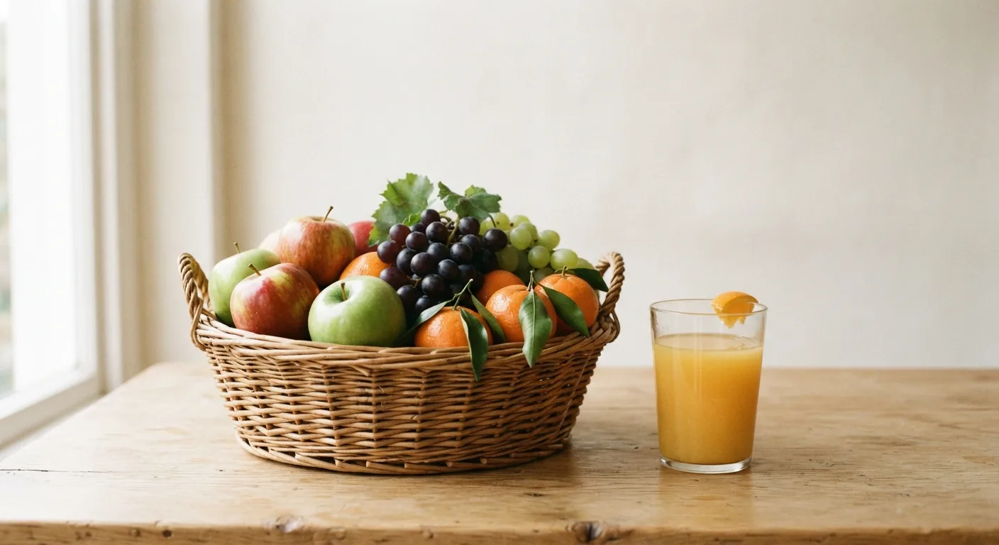 Une corbeille de fruits frais posée à côté d'un verre de jus d'orange sur une table en bois