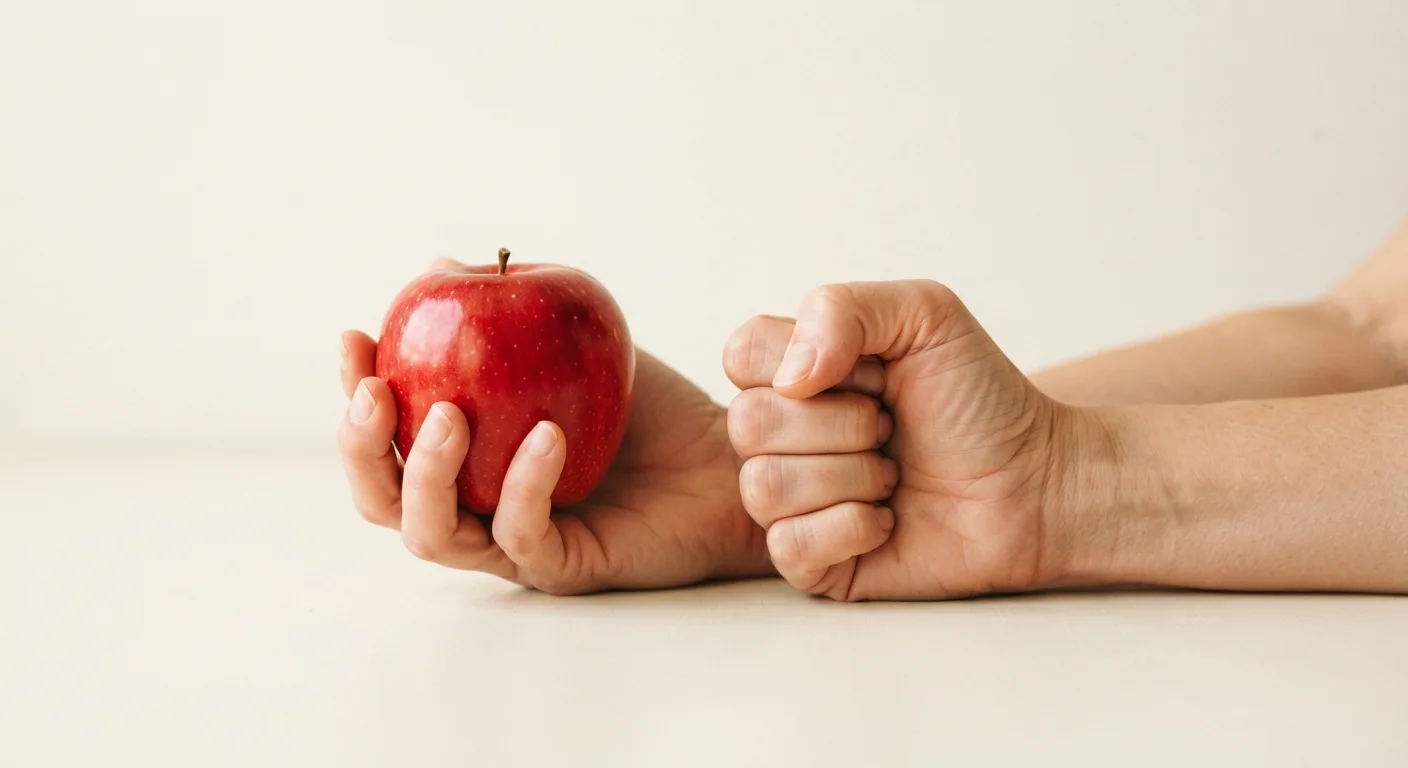 Une main tenant une pomme à côté d'un poing fermé, illustrant la taille d'une portion de fruit