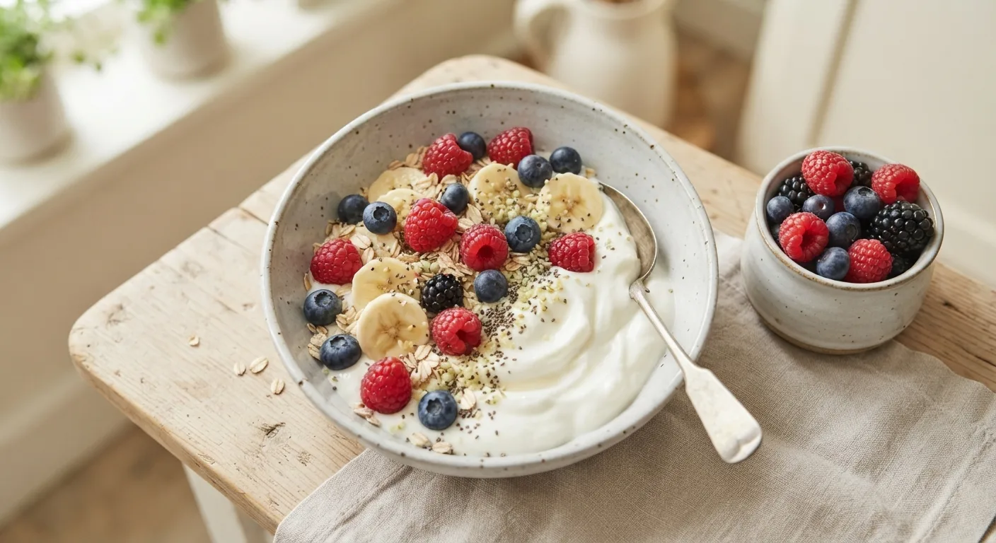 Un bol de yaourt nature garni de fruits frais et de flocons d'avoine, préparé à la maison