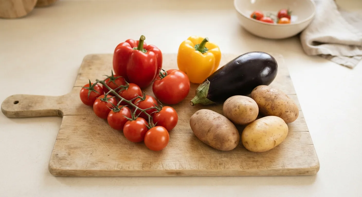 Tomates, poivrons, aubergines et pommes de terre disposés sur une planche en bois