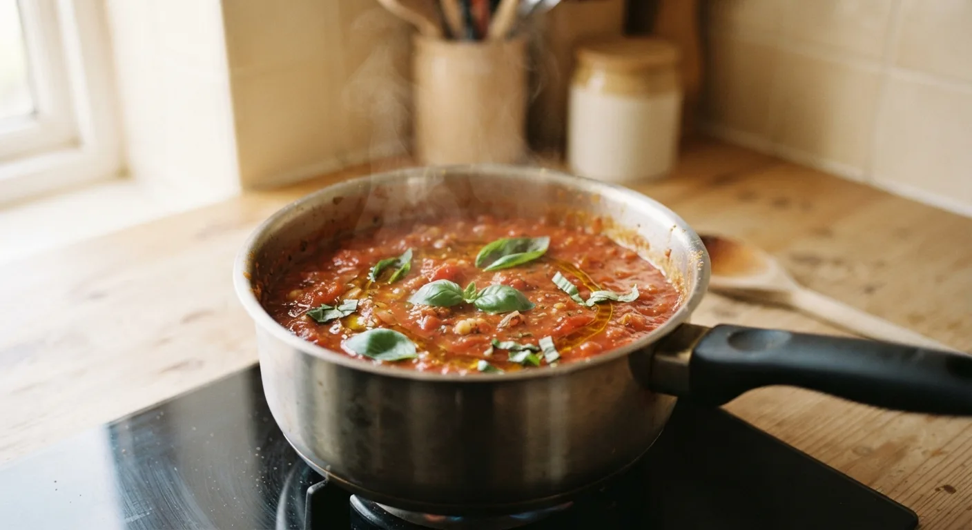 Une casserole de sauce tomate maison mijotant avec de l'huile d'olive et du basilic frais