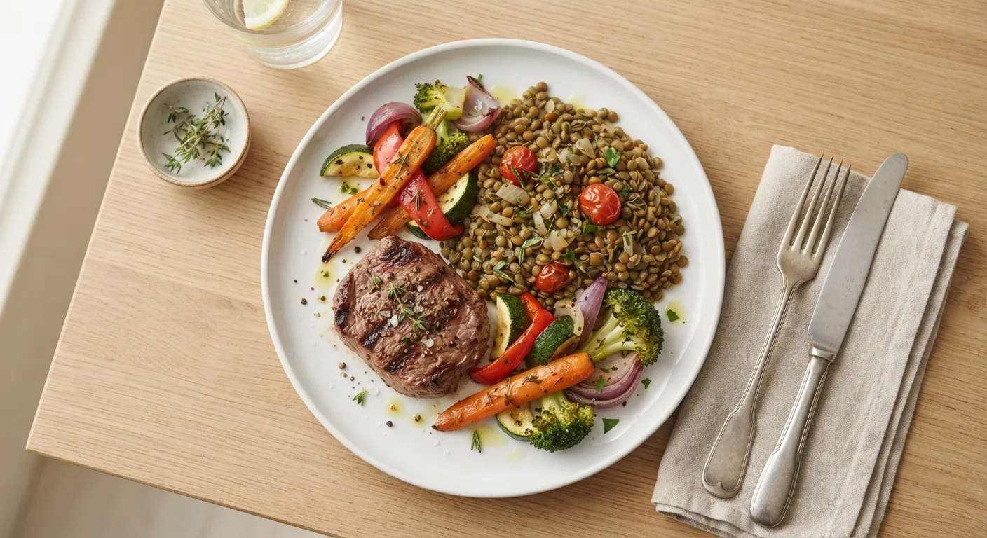 Assiette équilibrée avec une portion modérée de viande, des lentilles et des légumes