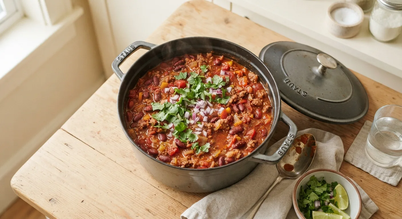 Chili mijoté dans une cocotte, où les haricots rouges remplacent une partie de la viande