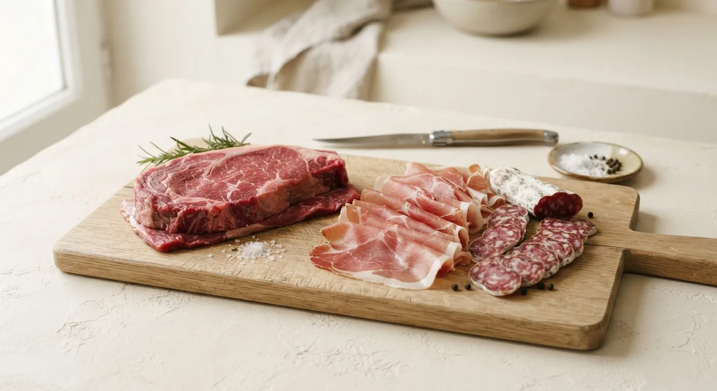 Viande rouge fraîche et charcuterie présentées côte à côte sur un étal de boucherie