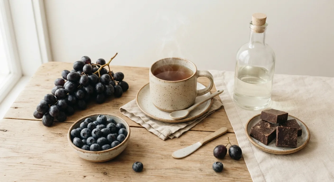 Aliments riches en polyphénols disposés sur une table, grappe de raisin, myrtilles, tasse de thé, huile d'olive et chocolat noir