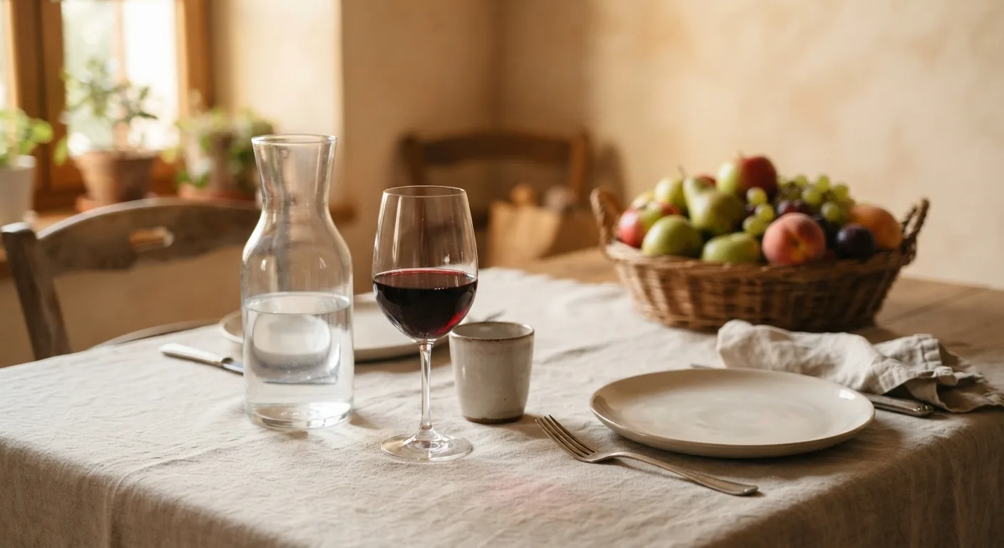 Un verre de vin rouge posé sur une table de repas, à côté d'une carafe d'eau et d'une corbeille de fruits