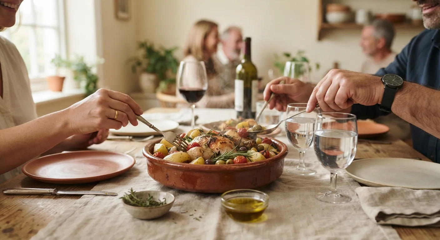 Repas partagé entre adultes avec des verres d'eau et un verre de vin sur la table