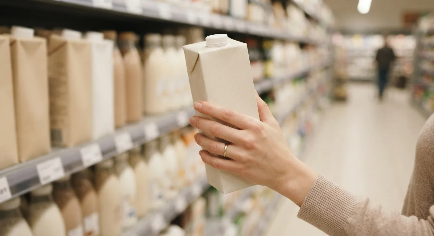 Une main tenant une brique de boisson végétale dans un rayon de magasin