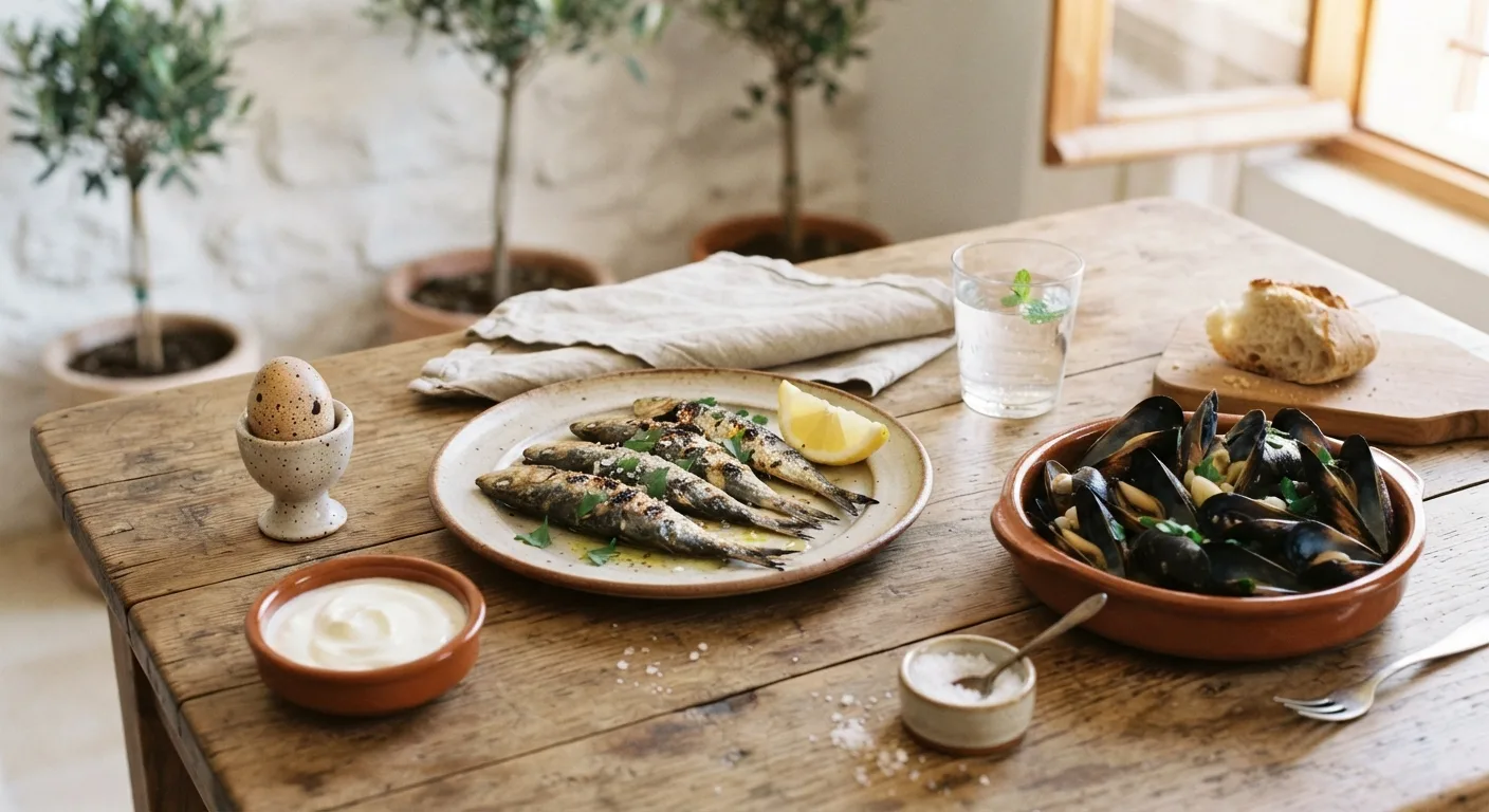 Des aliments riches en vitamine B12, sardines, œufs, yaourt et moules, présentés sur une table