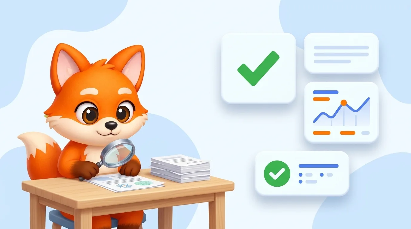 Goupi, la mascotte renard de l'application, examine une publication scientifique à la loupe, entouré de fiches de validation et de graphiques