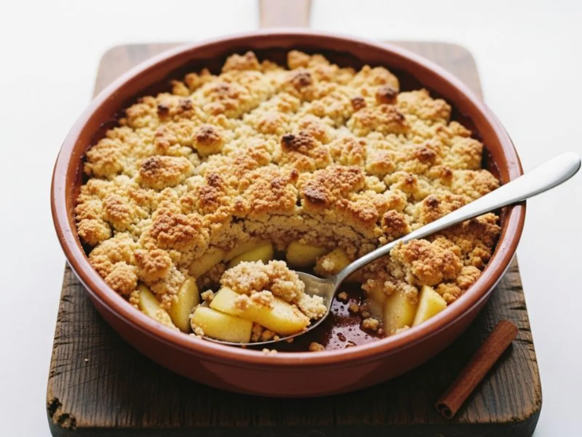 Crumble de pommes doré dans un plat en céramique, avec une cuillère et des bâtons de cannelle à côté
