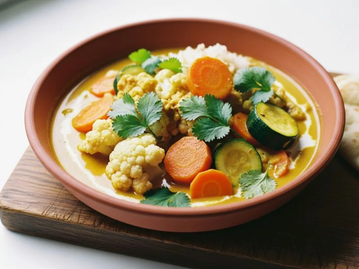 Curry de légumes orangé au lait de coco dans une casserole, avec chou-fleur, carottes et coriandre fraîche