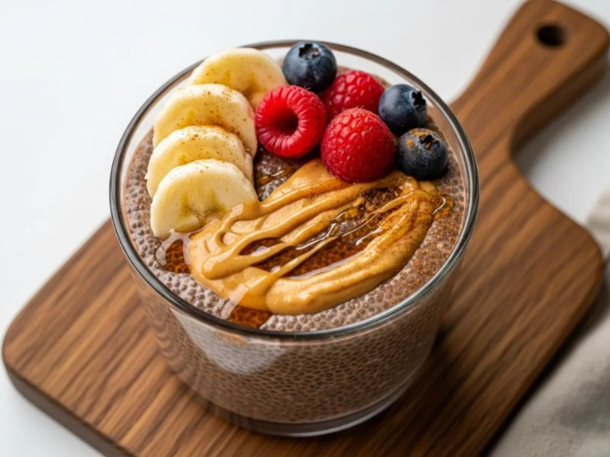 Pudding de chia au cacao servi en bocal, garni de framboises fraîches et de rondelles de banane