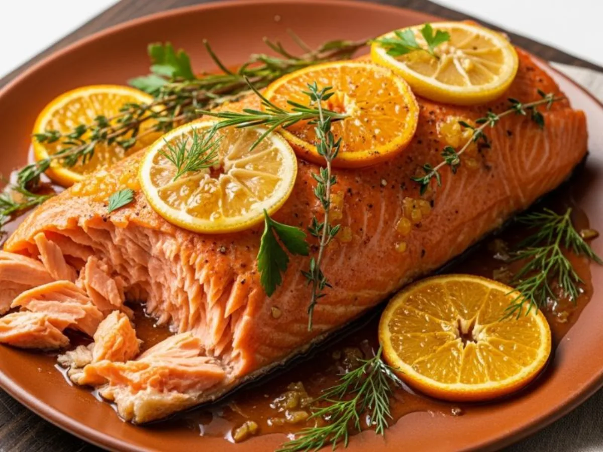 Filet de saumon rôti au four recouvert de tranches de citron et d'orange, avec des branches de thym frais