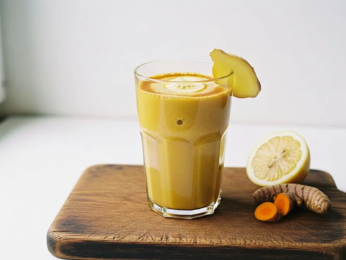 Smoothie jaune doré au curcuma servi dans un verre, avec des rondelles de gingembre et de curcuma frais