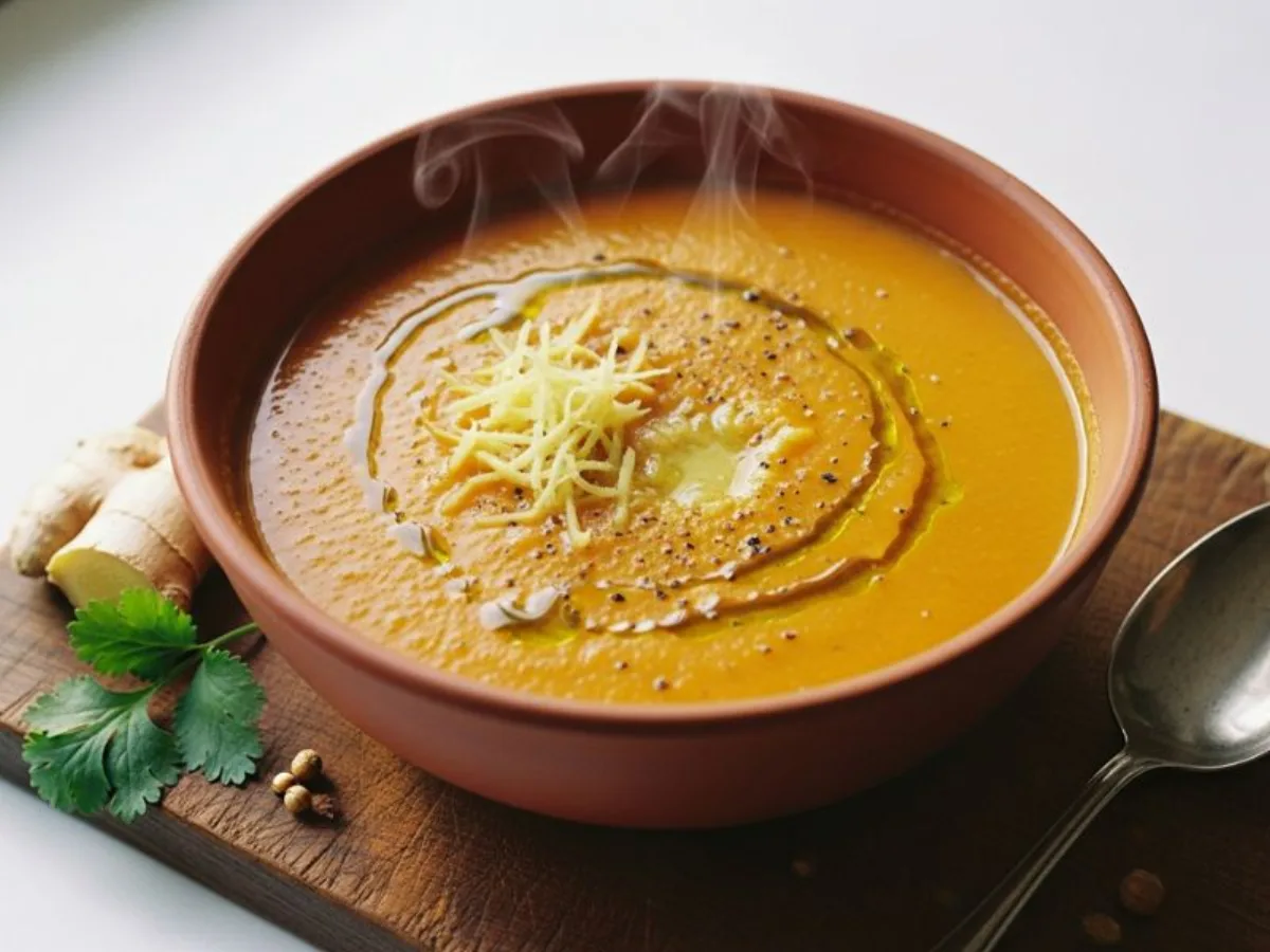 Velouté orangé de patate douce servi dans un bol, avec du gingembre frais et un filet de crème de coco